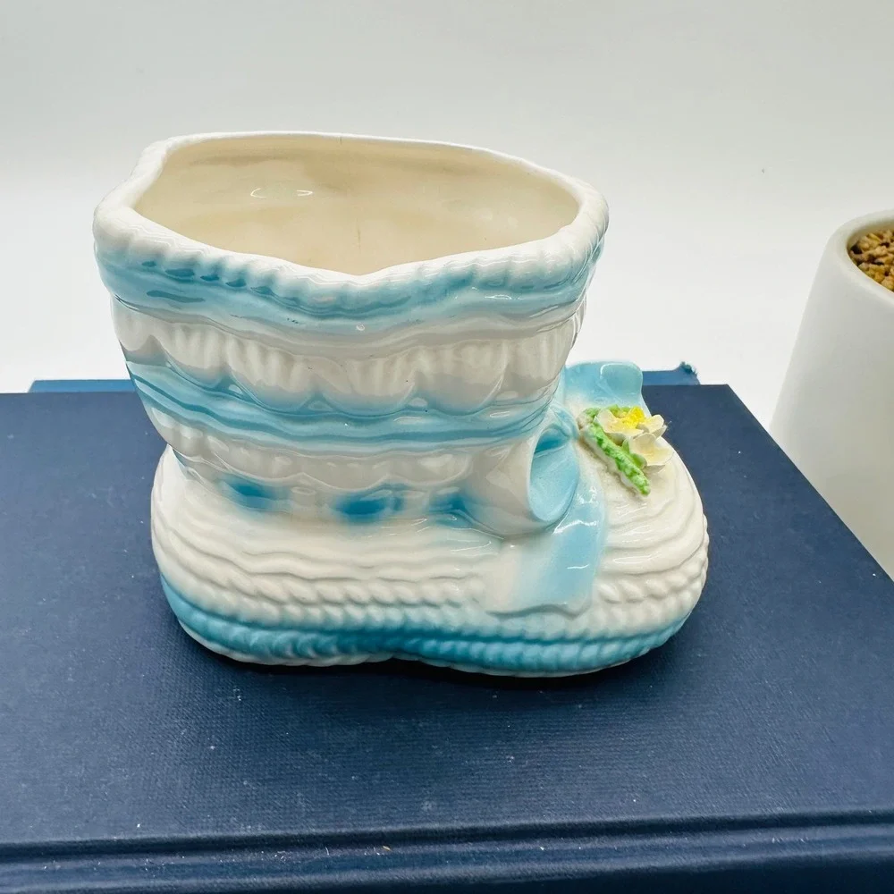 Rubens Japan Vintage Ceramic Baby Bootie Planter Blue White Floral 300